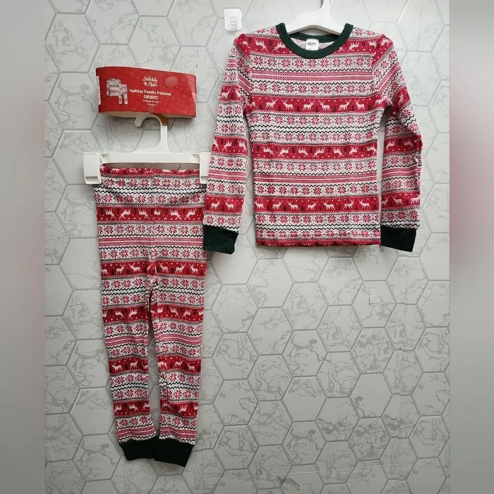 Nwt Holiday Christmas Print 2-Pc Waffle Knit Toddler Kids Pajama Set